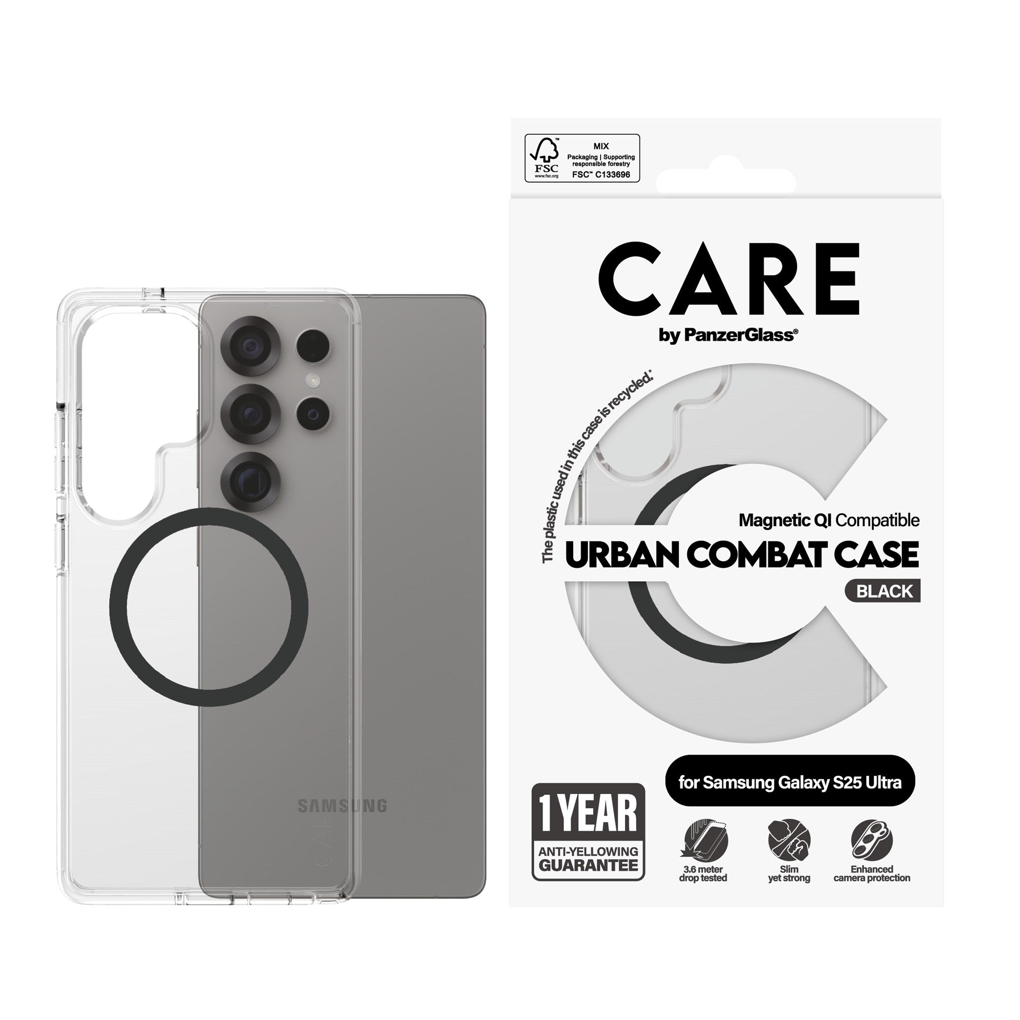 CARE by PanzerGlass® Flagship Case Transparent Urban Combat m. Schwarz Qi Compatible Samsung Galaxy S25 Ultra